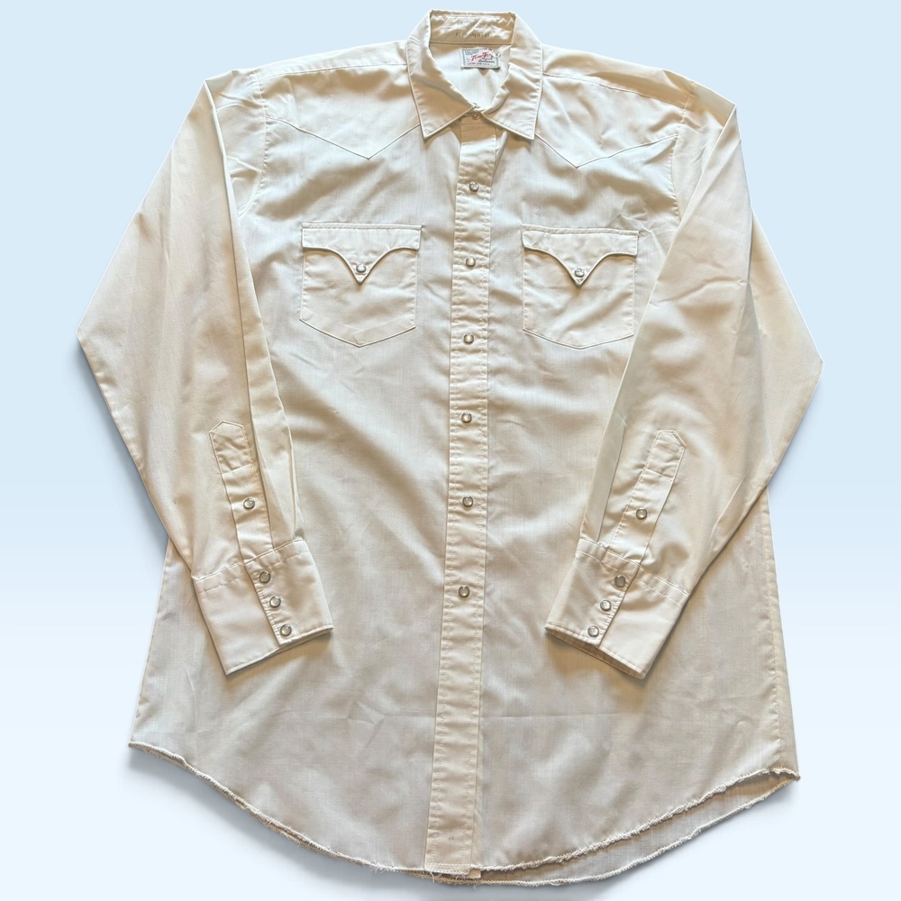 Vintage Tom-Tex Shirt Mens Large White Western Snap Front Extra Long Tails